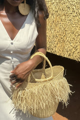 BOLGA BEACH BAG (Handwoven Raffia Fringe Beach/Basket Bag)