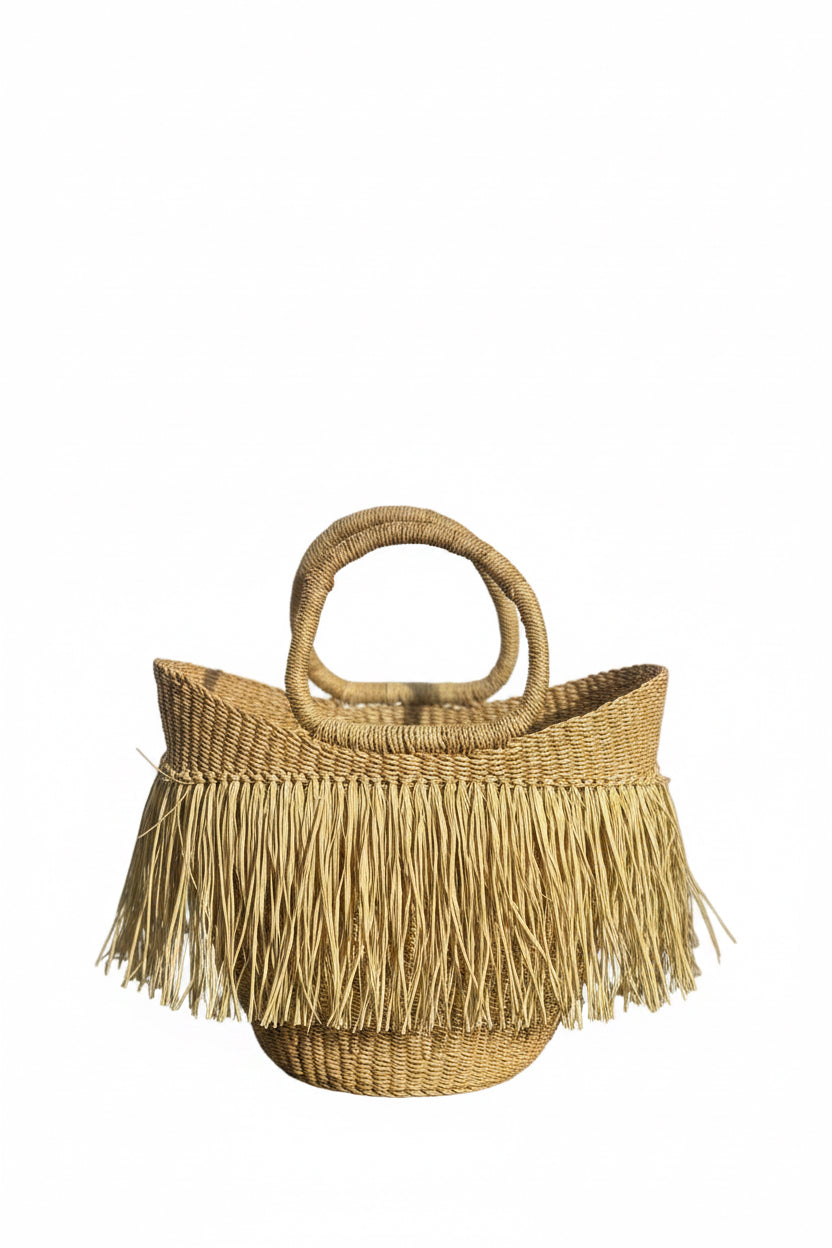 BOLGA BEACH BAG (Handwoven Raffia Fringe Beach/Basket Bag)