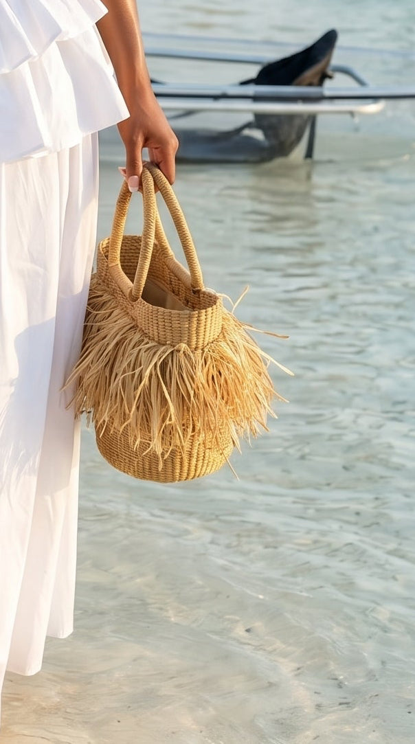 BOLGA BEACH BAG (Handwoven Raffia Fringe Beach/Basket Bag)